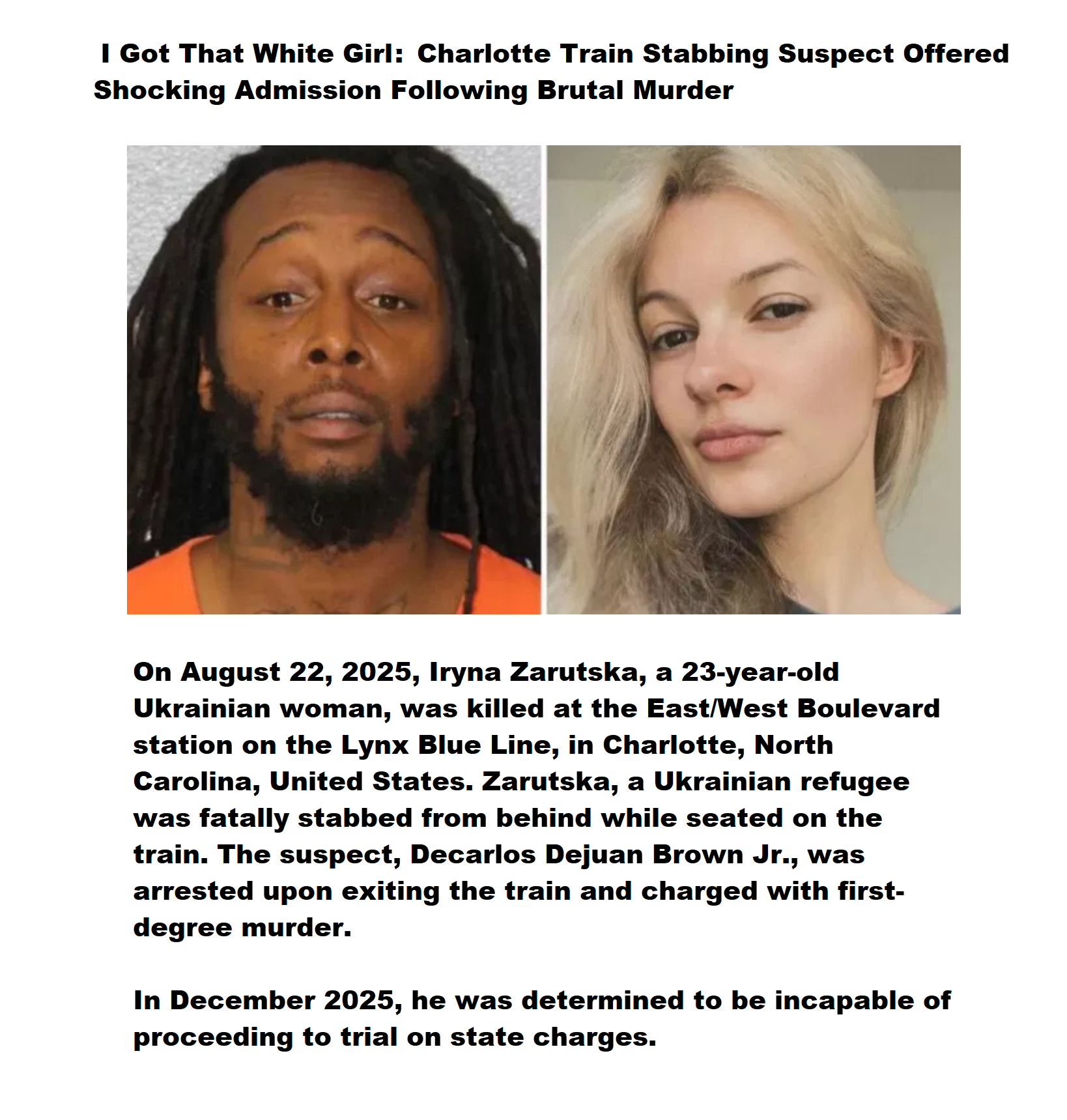 Decarlos Dejuan Brown Jr and the killing of Iryna Zarutska